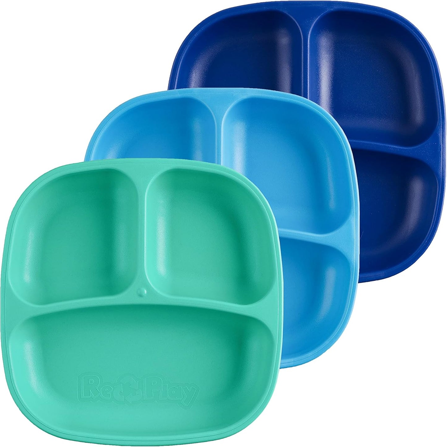 Re-Play Toddler Plates with Dividers - Deep-Walled 3 Compartments Divided Plates for Kids - Dishwasher & Microwave Safe - Made in USA - Set of 3-7.37" x 7.37" x 1.25" - Beach Baby
