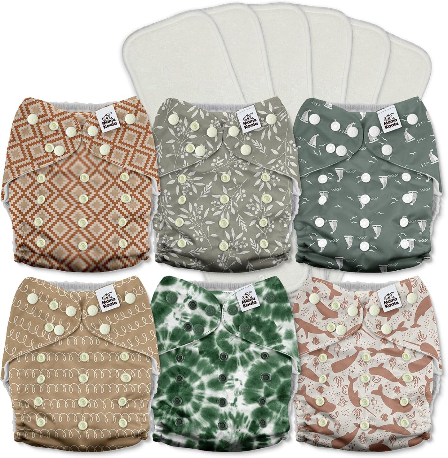 Mama Koala 3.0 Pocket Cloth Diapers for Babies with AWJ Lining, 6 Pack with 6 4-Layer Natural Cloth Diaper Inserts - Reusable and Washable Pocket Diapers(Hardworking Bees) - Colors B