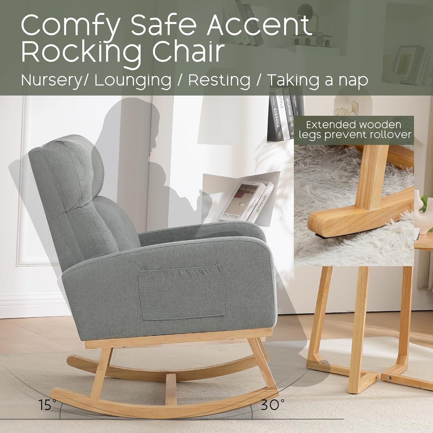 Rocking Chair Nursery - Glider Modern Accent Chairs Upholstered Nursing Rocker Padded Armchair for Indoor Living Room Bedroom Beige