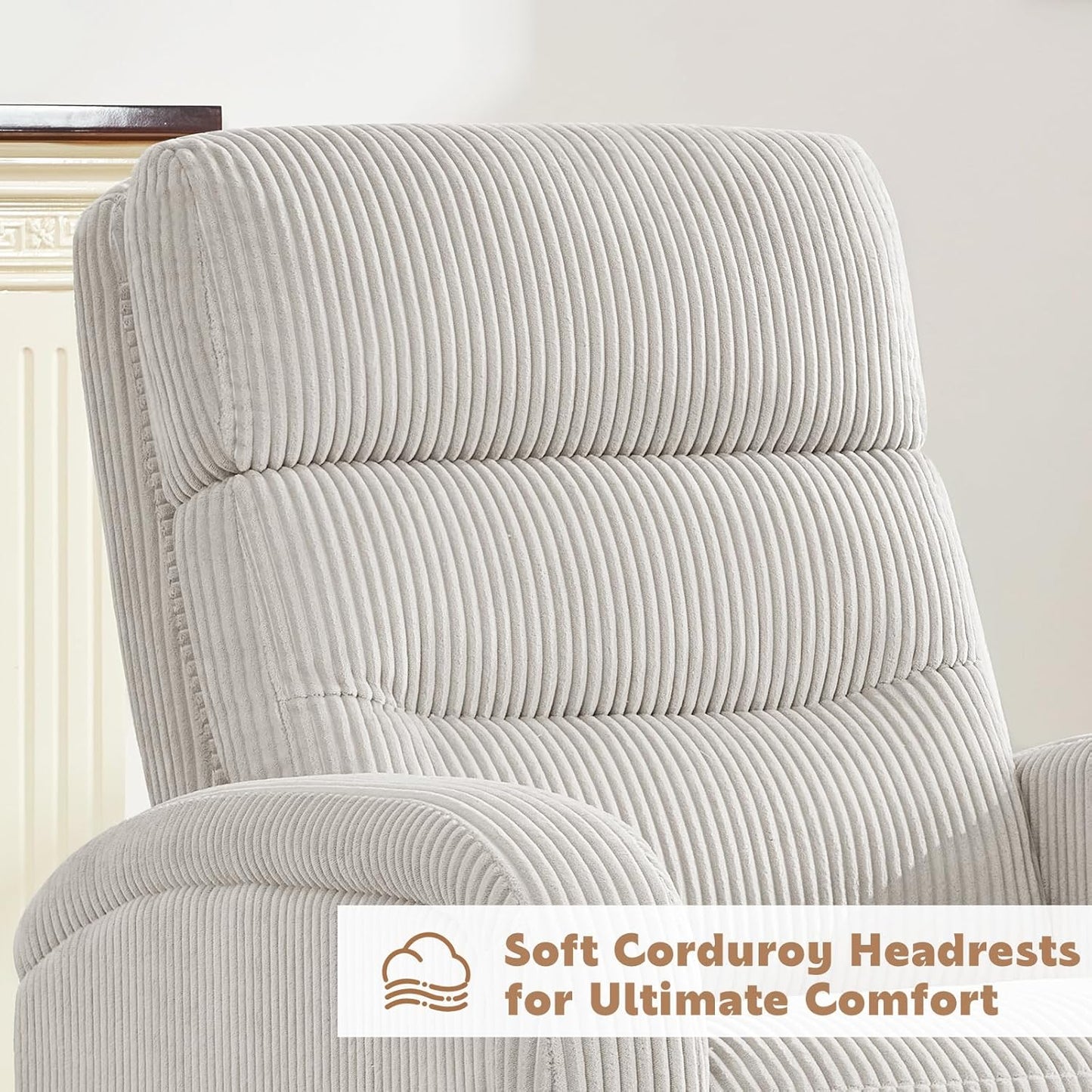 Power Swivel Rocker Recliner Chair for Nursery, Swivel Reclining Rocking Chairs, Electric Glider for Living Room, Upholstered Recliner Chairs for Bedroom, Corduroy White