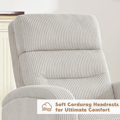 Power Swivel Rocker Recliner Chair for Nursery, Swivel Reclining Rocking Chairs, Electric Glider for Living Room, Upholstered Recliner Chairs for Bedroom, Corduroy White