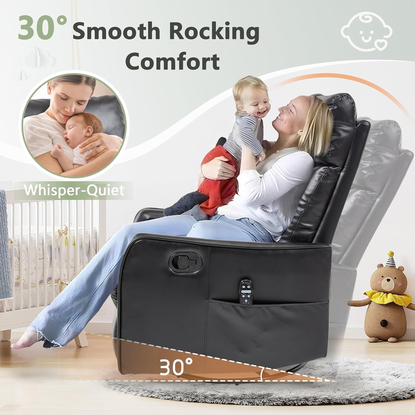 cinkehome Swivel Rocker Recliner, Glider Rocker Recliner Chair for Nursery, Manual Reclining Chair with Heated Massage, Small Spaces, Living Room, Khaki Chenille