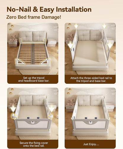 3 Piece Full Size Bed Rails for Toddlers, No-Drill Needed Baby Bed Rail Guard with Height Adjustable, Thickened Child Safety Side Railing Guards/Bedrail for Kids,Grey Bear Cute Design, 54x74.8x74.8in