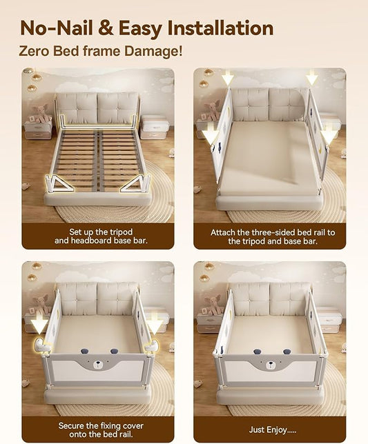 3 Piece Full Size Bed Rails for Toddlers, No-Drill Needed Baby Bed Rail Guard with Height Adjustable, Thickened Child Safety Side Railing Guards/Bedrail for Kids,Grey Bear Cute Design, 54x74.8x74.8in