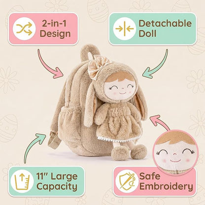 Gloveleya Toddler Backpack with Soft Brown Rabbit 11 inches Detachable Design for Girl Age 2+