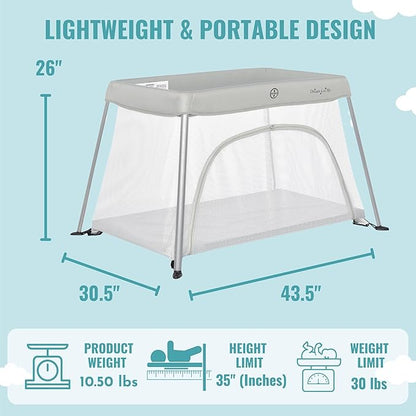Dream On Me Travel Light Baby Playard with Zipper Access Door, Breathable Mesh Sides with Soft Comfortable Mattress, Easy Fold Design with Travel Carry Bag, Compact Space Saving Design - Grey
