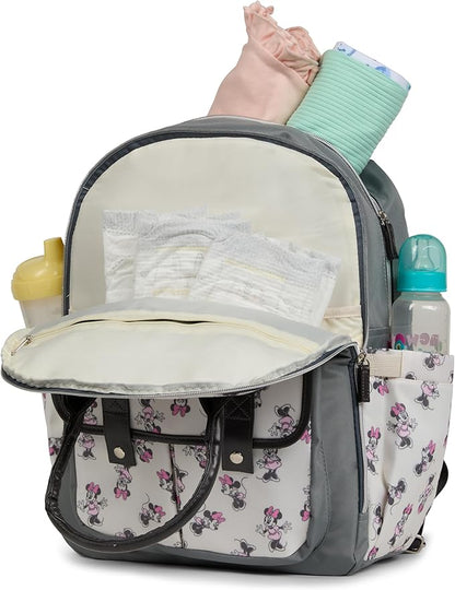 Disney Diaper Bag Backpack with Changing Pad Minnie Mouse – 16” Nylon Baby Bag for Parents, Insulated Bottle Holders, Multiple Storage Pockets