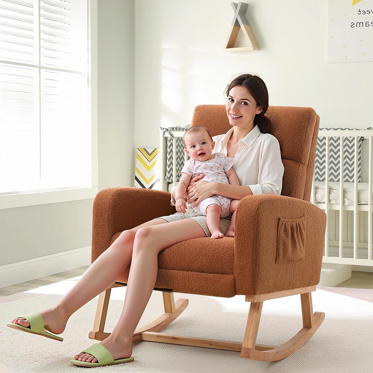 HCHAIRH Rocking Chair Nursery, Nursing Rocking Chairs with Foot Rest for Mom Nursery, Glider Rocker Chair with Footrest and High Backrest for Living Room, Bedroom, Beige