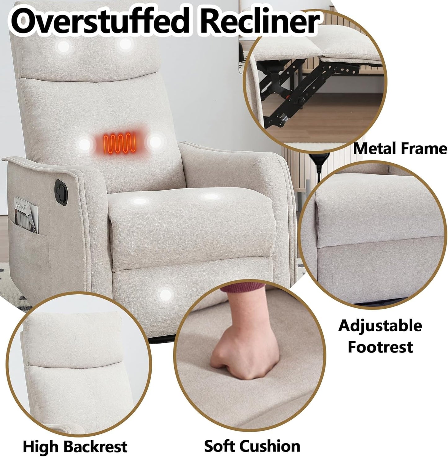 Massage Chair Recliner with Heat, Swivel Rocking Chair Recliner with High Back, Manual Nursery Recliners for Adults,Small Recliner Chair for Small Spaces, Living Room Bedroom, Fabric (Blue Green)