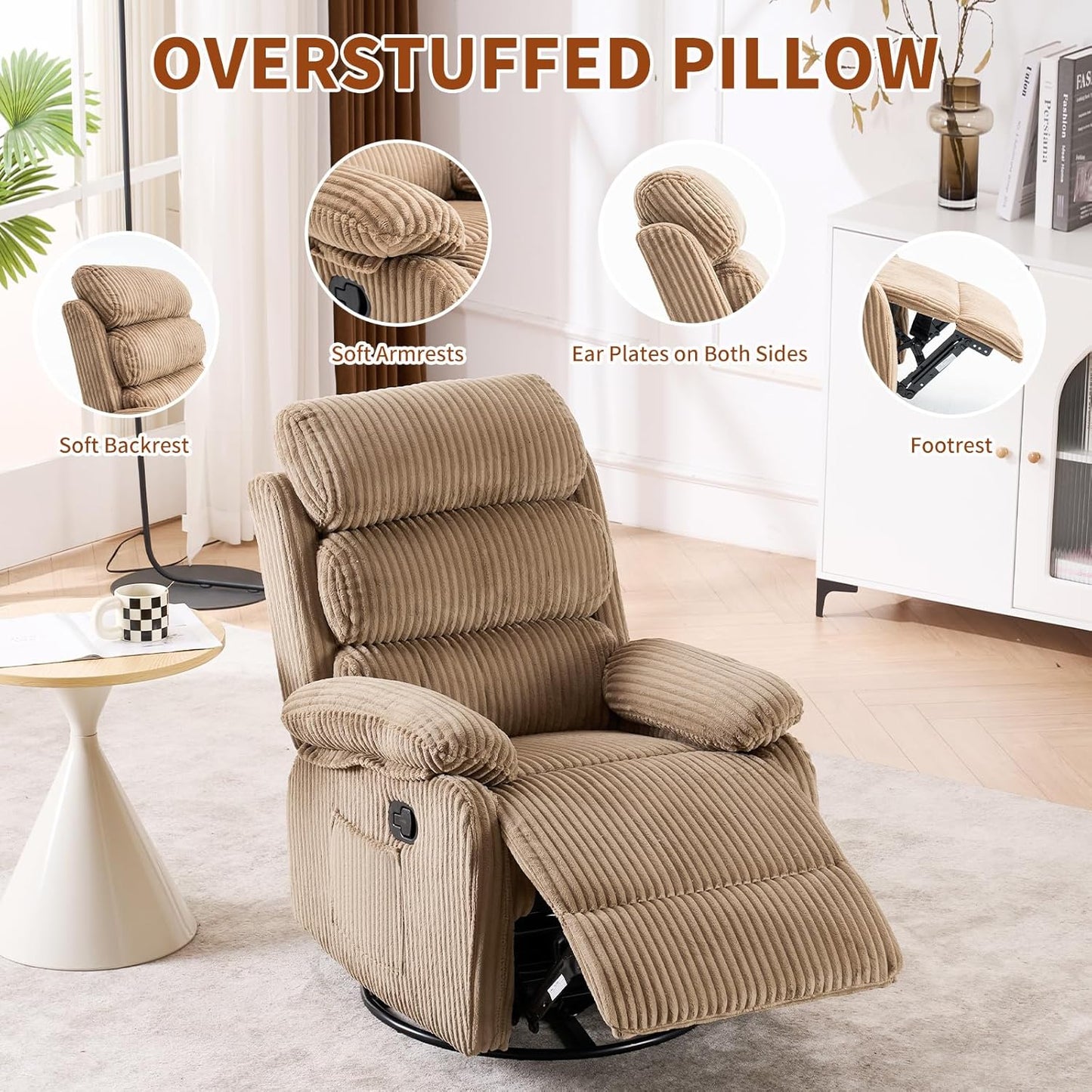 Adult 360° Rocking Recliner Chair，Nursery Rocker Reclining Chair with Side Pocket, a Comfy upholstered Single Sofa Armchair. Suitable for Living Room, Bedroom Nursing use, Velvet Fabric in Beige