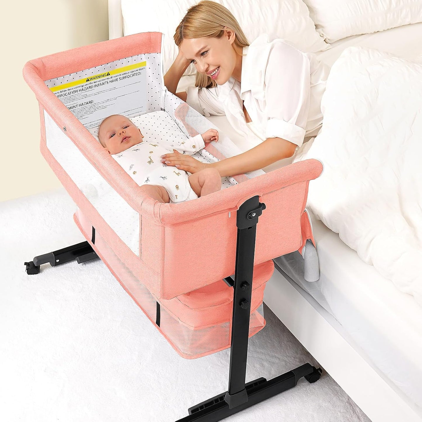 Semphis Baby Bassinet, 3 in 1 Bassinets Bedside Sleeper, Adjustable Height Bedside Sleeper with Rocking Mode, Breathable Mesh, Storage Basket, Wheels, Easy Assemble & Folding (Gray)