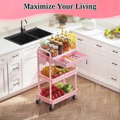 SUNALLY 3 Tier Rolling Cart with Drawer, Bathroom Storage Organizer with 2 Lockable Wheels, Multifunctional Rolling Storage Cart for Bathroom, Kitchen, Office, Craft, Makeup, Baby Essentials, White