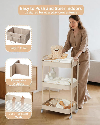 Fortella Baby Diaper Caddy, 3 Tier Rolling Storage Cart for Baby Essentials, Diaper Cart with Detachable Dividers, Storage Organizer & Baby Bottle Organizer for Bedroom, Living Room (Beige)