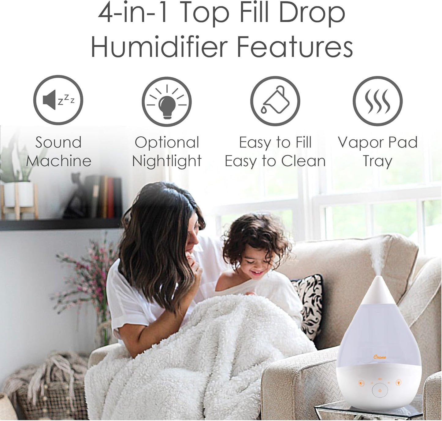 Crane 4-in-1 Drop 2.0 Ultrasonic Cool Mist Humidifier with Sound Machine, Night Light, Aroma Tray, 1 Gallon Top Fill, Blue & White