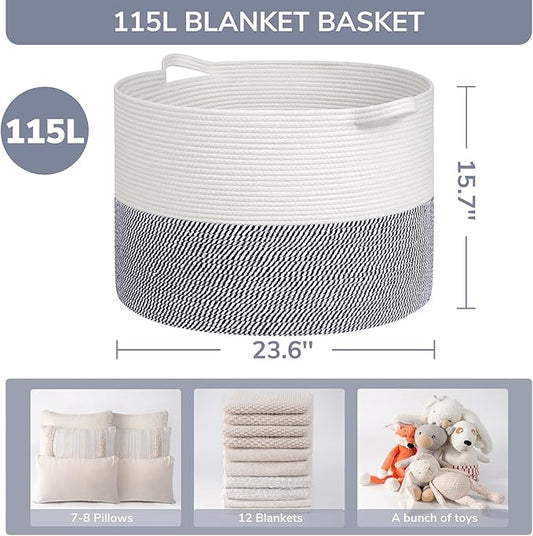 INDRESSME 115L Extra Large Cotton Rope Basket, Blanket Basket for Home Decor Living Room Nursery, Toy Storage Baskets for Kids Boys Girls, White & Navy