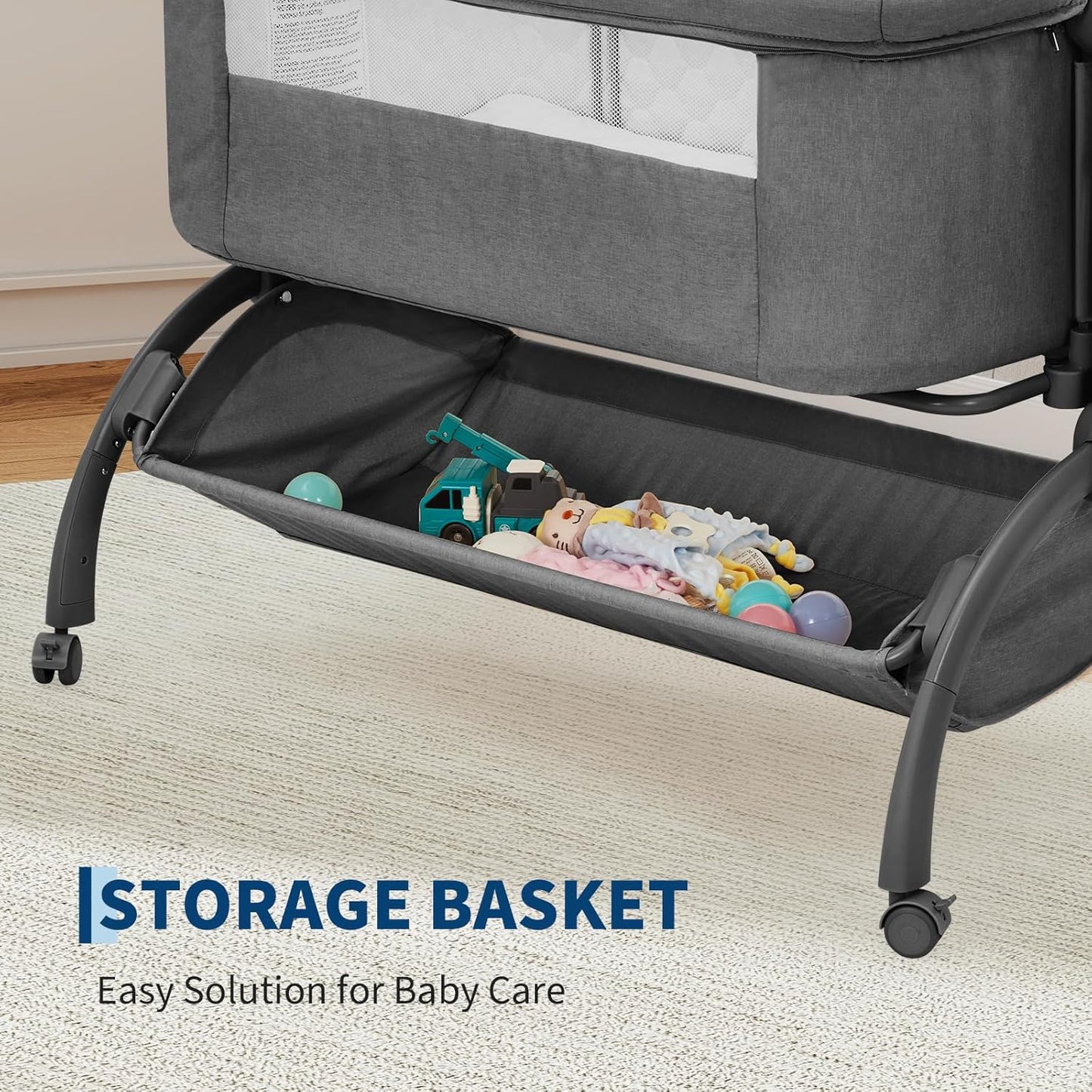 GarveeTech Bedside Bassinet Baby Bassinet for Baby, 3 in 1 Bedside Sleeper with Baby Co-Sleeper Travel Crib with Detachable Mosquito Net & Storage Basket | Adjustable Height, Wheels Included (Khaki)