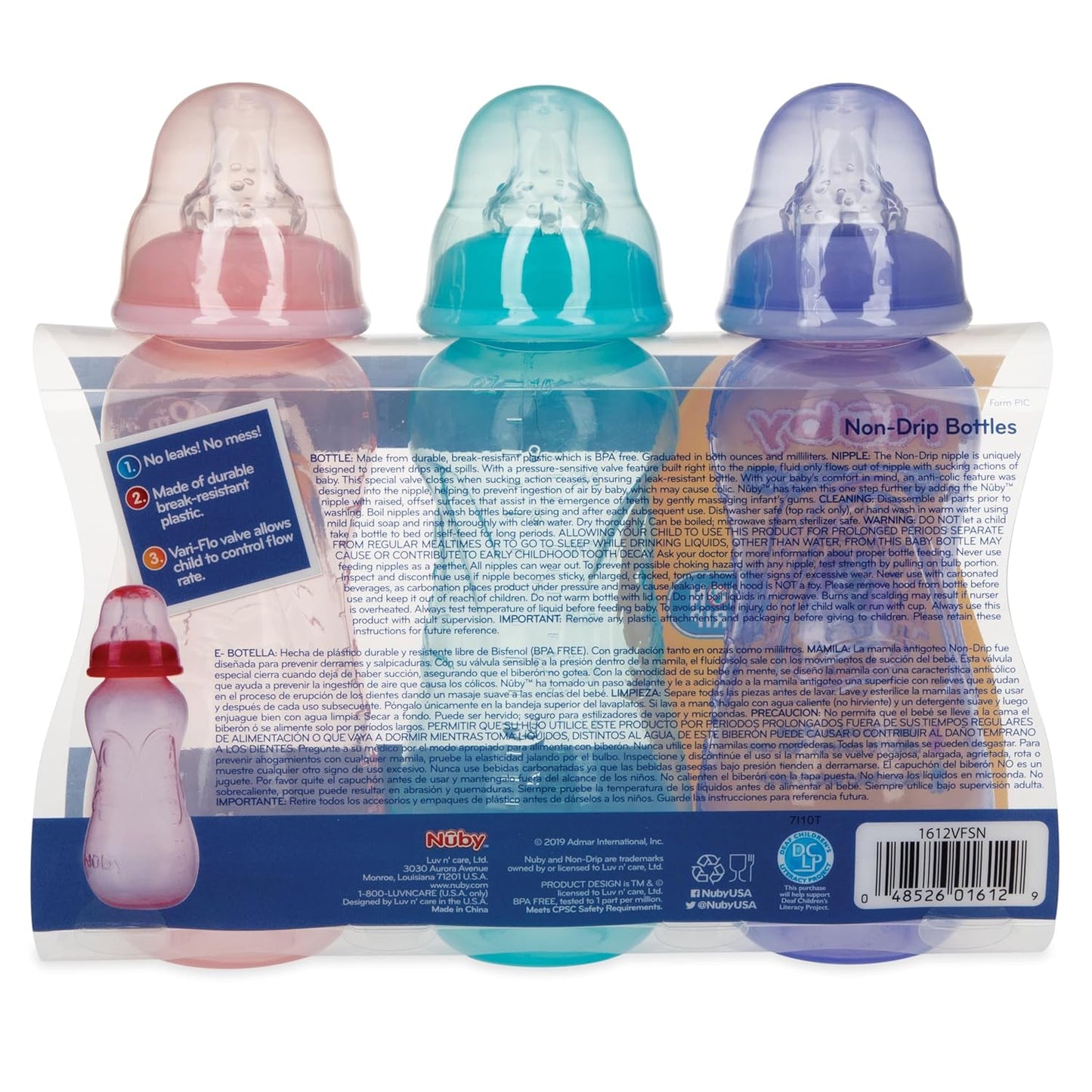 Nuby Non-Drip Standard Neck Baby Bottles - 10 oz (3 Pack) - Vari-Flo Flow Control Nipple - Anti-Colic Air System - 0+ Months