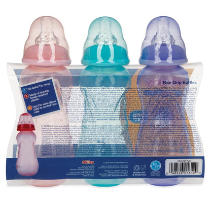 Nuby Non-Drip Standard Neck Baby Bottles - 10 oz (3 Pack) - Vari-Flo Flow Control Nipple - Anti-Colic Air System - 0+ Months