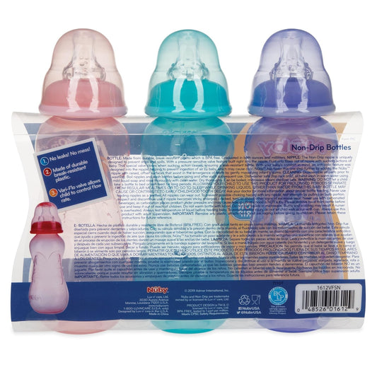 Nuby Non-Drip Standard Neck Baby Bottles - 10 oz (3 Pack) - Vari-Flo Flow Control Nipple - Anti-Colic Air System - 0+ Months
