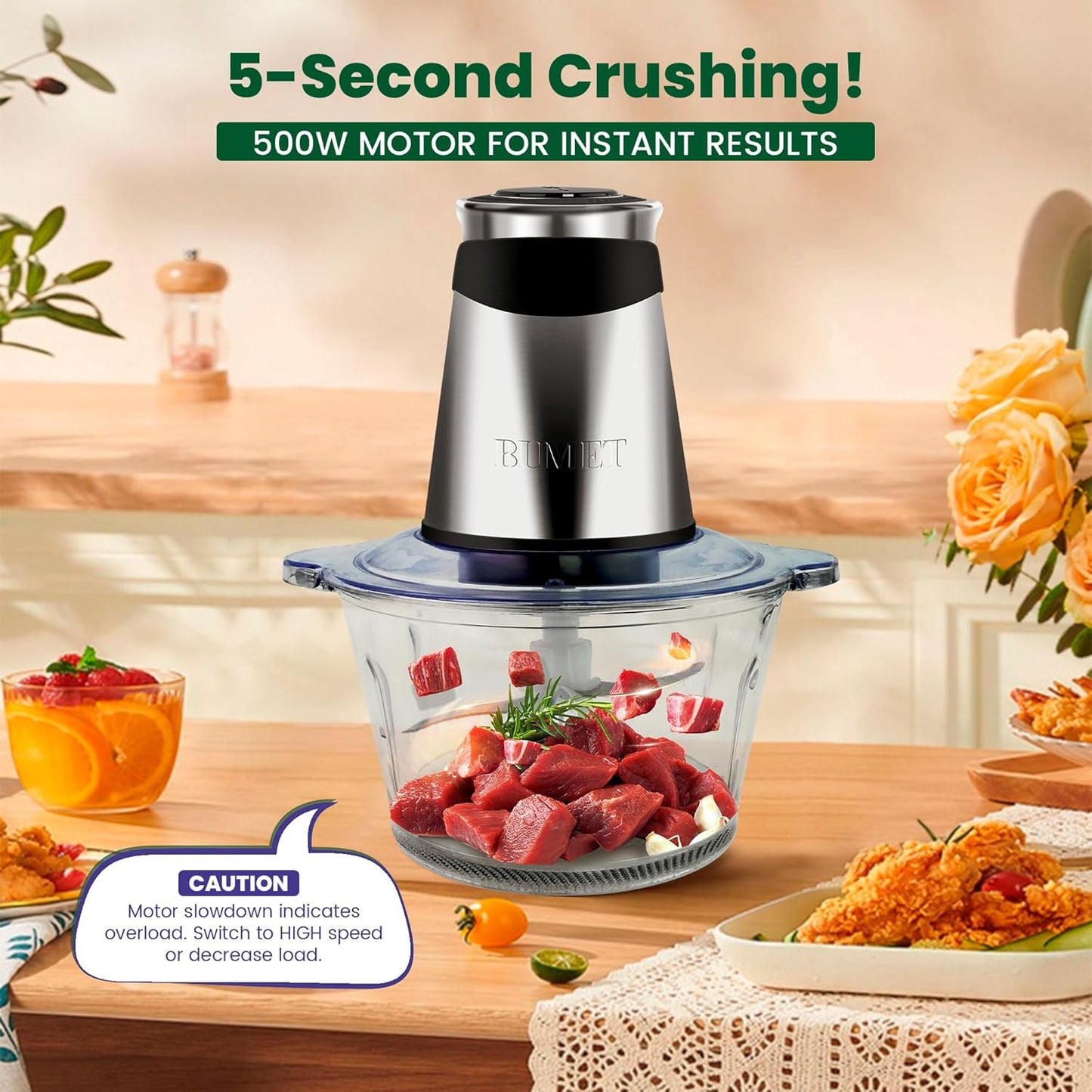 BUMET Electric food processor vegetable chopper 500W one 2.5cup bowl one bi-layer 4 blades Mini Food chopper for home use,Mincing, and Puree for kitchen aid, baby foot