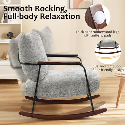 Rocking Chair Nursery Upholstered Glider Chair with Armrests Wood Legs for Relaxing, Comfortable Lounge Armchair Chenille Fabric for Living Room Bedroom, Gray