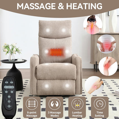 Massage Chair Recliner with Heat, Swivel Rocking Chair Recliner with High Back, Manual Nursery Recliners for Adults,Small Recliner Chair for Small Spaces, Living Room Bedroom, Fabric (Blue Green)