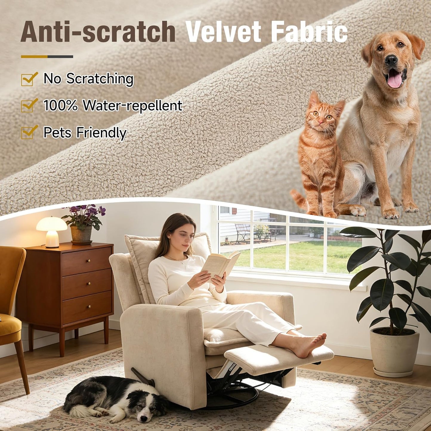 Euthymia Swivel Rocking Chair Nursery, High Back Glider Rocker Recliner Chair for Small Spaces, Manual Reclining Sofa for Living Room, Bedroom, Beige