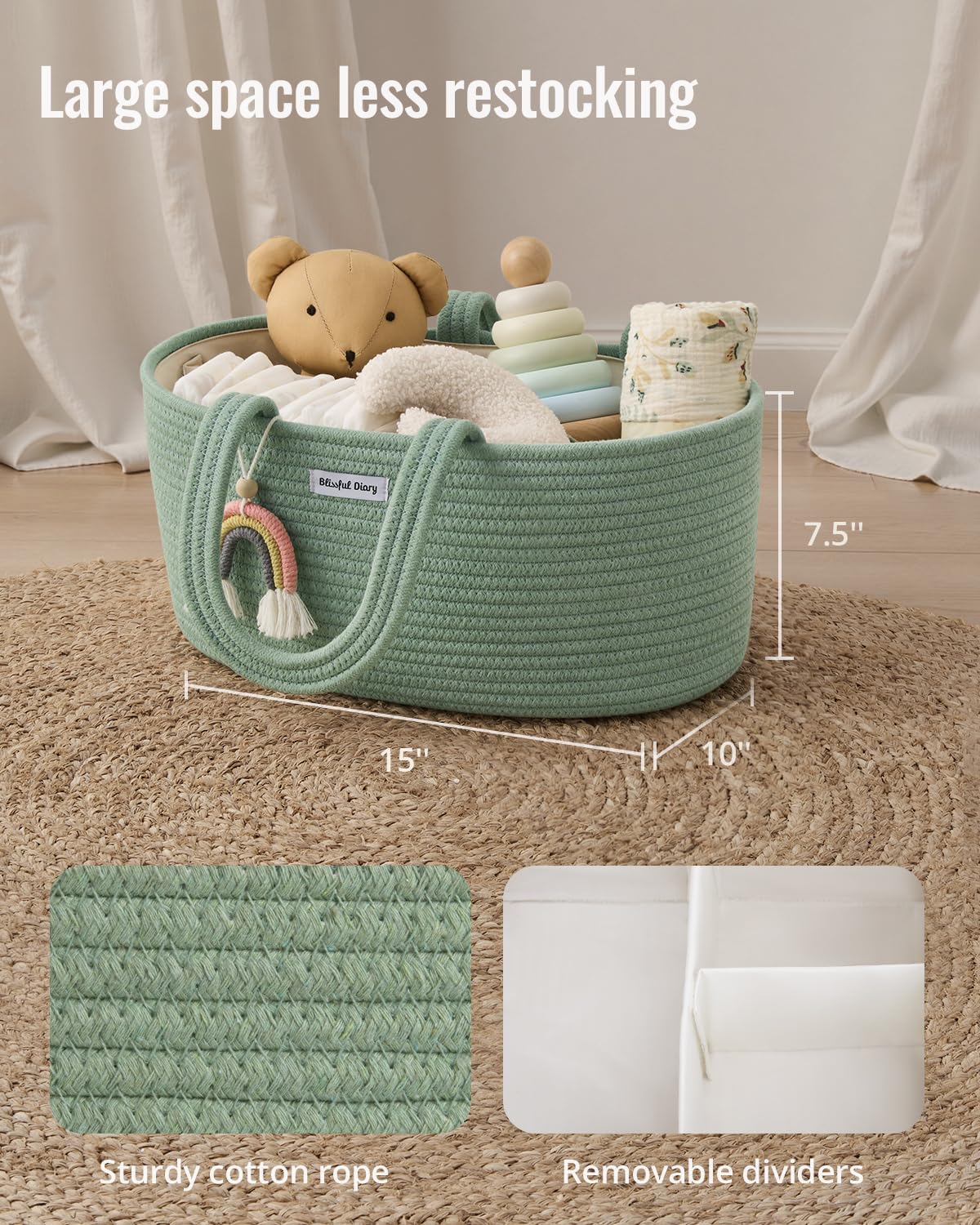 Blissful Diary Baby Diaper Caddy Organizer, Cotton Rope Diaper Caddy Basket, Large Storage Basket for Newborn Boys and Girls, Gift for Baby Shower List, Newborn Essentials, Earthy Rainbow