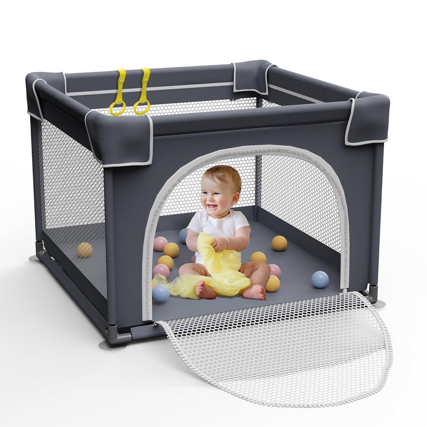 Grobeybees Playpen for Babies and Toddlers, Small Baby Playpen, Playard with Bag, Indoor & Outdoor Play Pen, Sturdy Safety Baby Play Yard with Soft Breathable Mesh(Black, 36x36 inches)