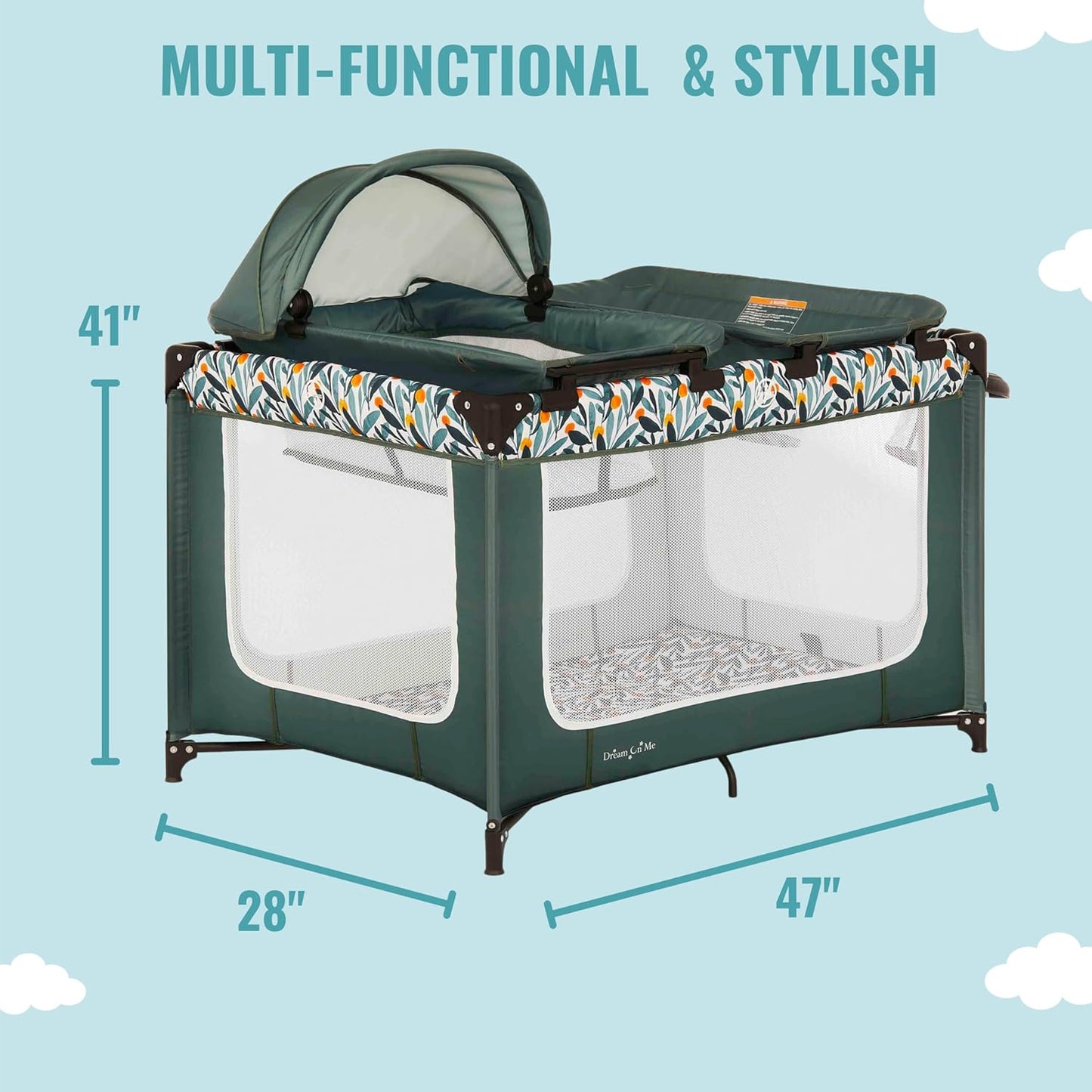 Dream On Me Emily Rose Deluxe Playard in Galaxy Blue with Infant Bassinet and Changing Tray, Lightweight Portable and Convertible Playard for Baby, Breathable Mesh Sides and Soft Fabric