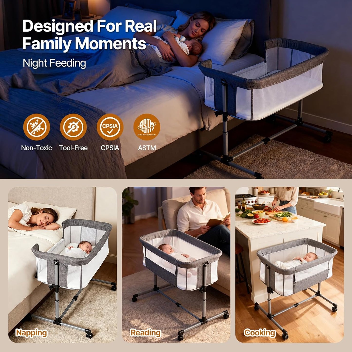 Baby Bassinet Bedside Sleeper, 2-in-1 Bedside Bassinet with Wheels, 5 Height Adjustable Baby Crib, Breathable Full Mesh & Mattress, Stable and Secure Bassinets for Newborn Infant, Grey