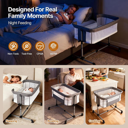 Baby Bassinet Bedside Sleeper, 2-in-1 Bedside Bassinet with Wheels, 5 Height Adjustable Baby Crib, Breathable Full Mesh & Mattress, Stable and Secure Bassinets for Newborn Infant, Grey