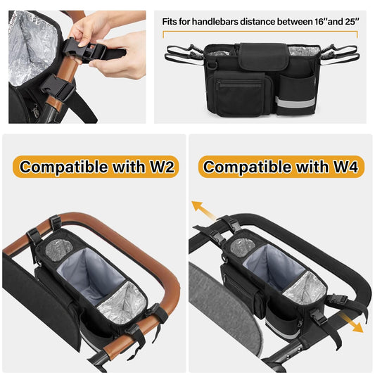 Parent Console Stroller Organizer Compatible with WONDERFOLD W&X, 2 Insulated Cup Holders, A Removable Cooler Bag, Black, Patented Design