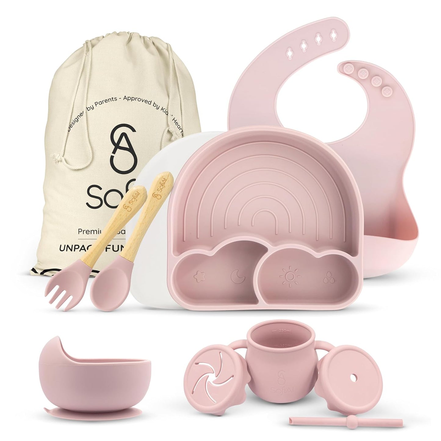 BPA-Free Non-Toxic Silicone Baby Feeding Set – Suction Plate, Bowl, Bib & Cup – 11-Piece Baby Led Weaning Set for Ages 6-18 Months – Eco Gift Bag (Dusty Blue)