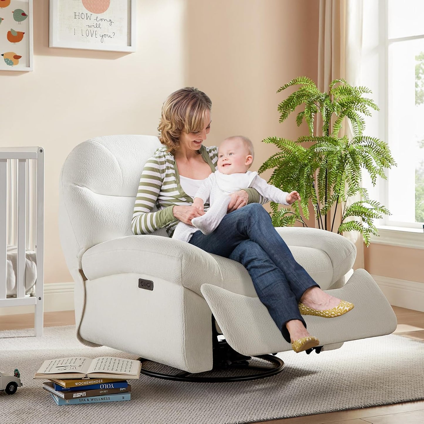VANOMi Power Recliner Chair with USB & Type-C Charging, 270° Swivel Glider Rocker, Electric Nursery Recliner for Living Room, Bedroom, and Office, White