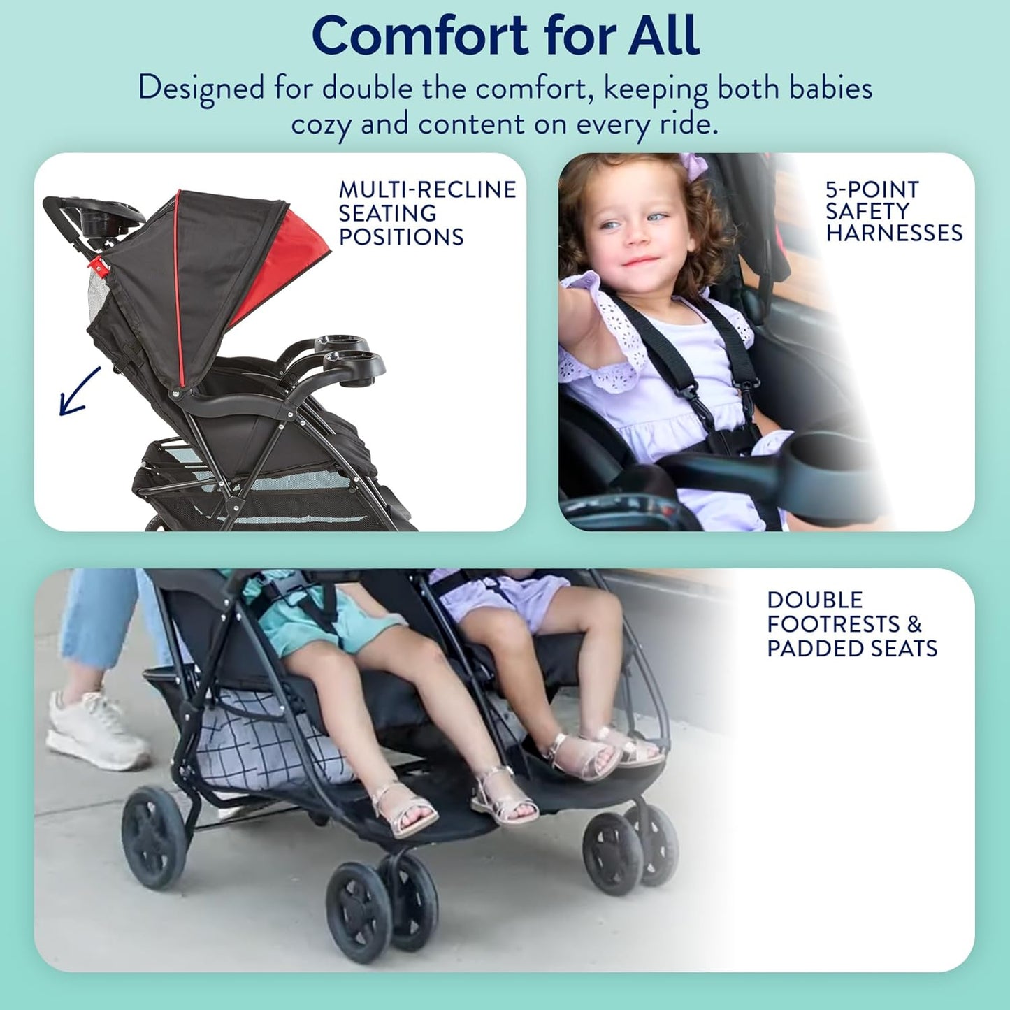 Kolcraft Cloud Plus Lightweight Double Stroller Side-by-Side for Infant Toddler, Compact Folding Travel System with Reclining Seats, Canopies, Storage Basket, Trays, Easy Maneuver – Red Black
