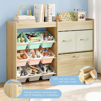 EXPERLAM Toy Storage Organizer for Kids, 9-Bin Toy Organizer with 2-Drawers,Movable Toy Chest and Top Rack, Kids Bookshelf and Toy Storage for Playroom, Bedroom, Nursery, Multi-Color