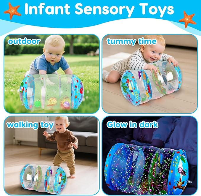 Crawling & Walking Baby Toys 6-12 Months Glowing Jumbo Inflatable Rolling Infant Toy 7 8 9 10 12-18 Month Old Tummy Time Sensory Development Light Up Toys for 1 2 Year Old Boy Girl Birthday Gifts