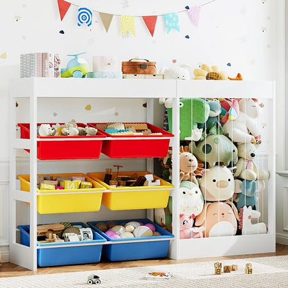 50.6" W X 39.4" H Toy Organizer, Large Toy Storage with 153L Stuffed Animal Storage for 80+ Medium Plushies, 6 Plastic Removable Bins, Toy Organizer Shelf for Girls Boys Playroom, Kids Room