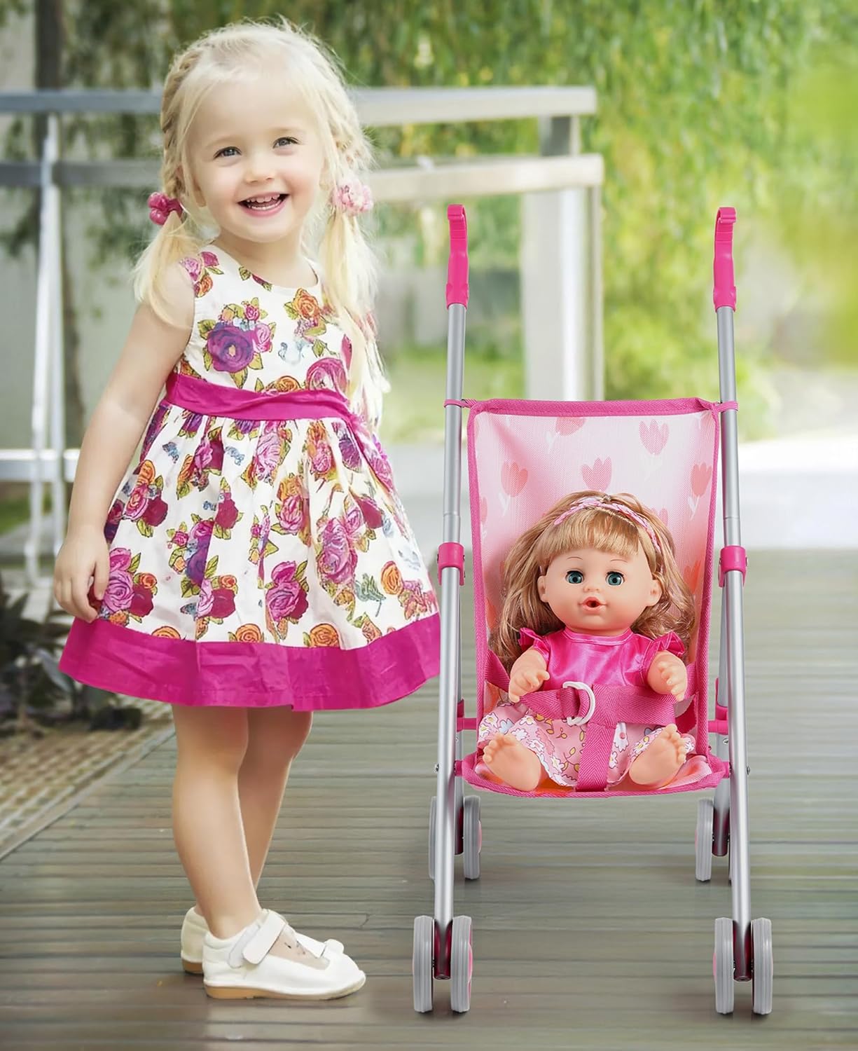 GAGAKU Baby Doll Stroller for Toddlers, Foldable Toy Stroller with Storage Basket and Bag, Diapers - Reborn Doll Accessories for Girls & Kids Ages 3+, Pink