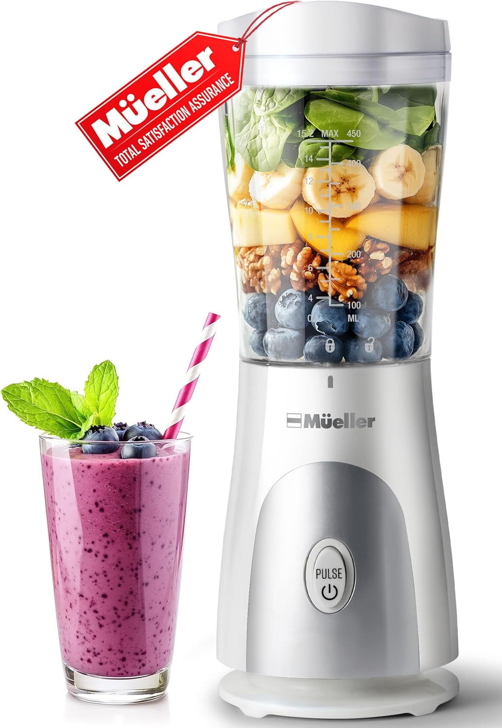 Mueller Heavy-Duty Personal Blender for Shakes and Smoothies with a 15 Oz Travel Cup and Lid, Juices, Baby Food, Portable Blender & Food Processor, Turquoise