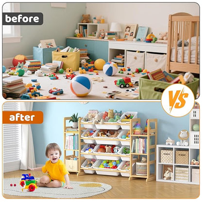 Large Toy Storage Organizer Kids Toy Organizer and Bookshelf Combo with 12 Bins and 6 Shelves Toy Organization Box Toy Shelf for Playroom, Bedroom, Nursery