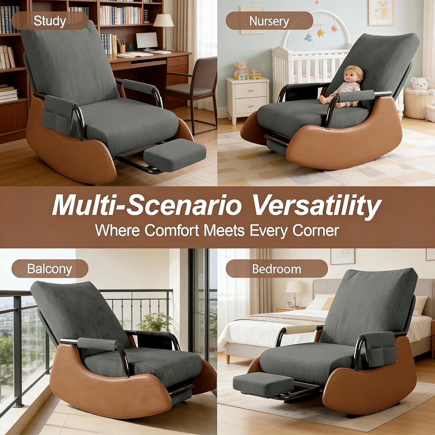 JPBSTO Rocking Chair Nursery, Upholstered Glider Rocking Chair with Side Pocket and Adjustable High Backrest, Comfortable Rocker Recliner with Footrest Perfect for Living Room Bedroom, Beige