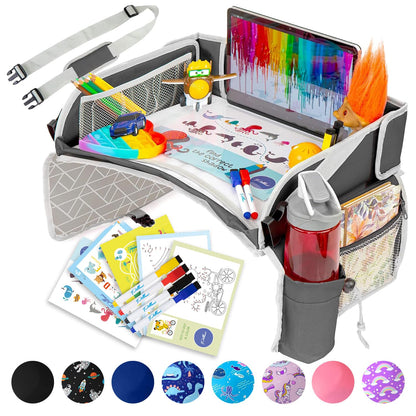 PILLANI Kids Travel Tray for Car Seat - Carseat Tray w/ iPad Holder & Dry Erase Board, Road Trip Activities - Toddler Lap Desk Organizer for Airplane - Roadtrip & Travel Essentials - Pack of 2, Pink