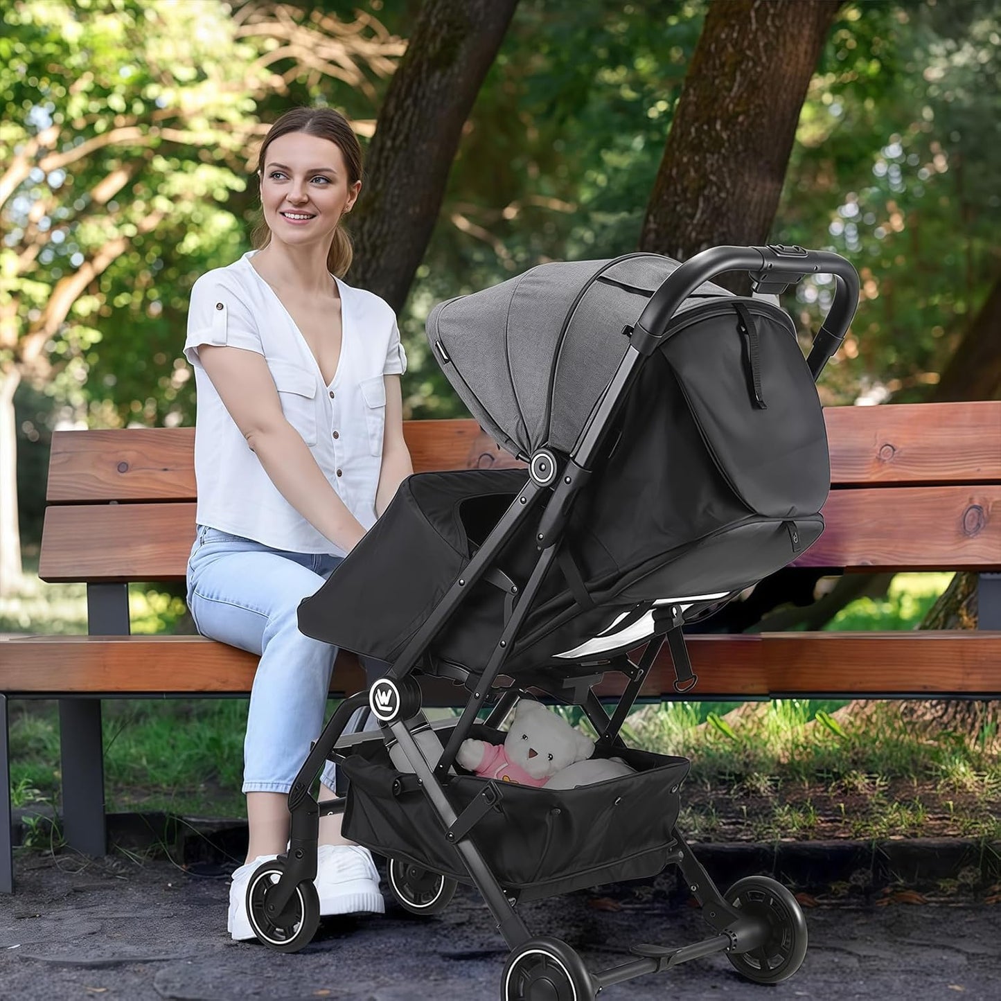 Rollingsurfer Lightweight Baby Stroller, Compact Travel Stroller with Retractable Foot Cover & Sleep Shade, One Hand Fold Stroller, Toddler Pushchair Adjustable Seat for Airplane 0-36 Months