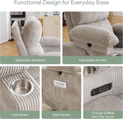 Rocking Chair Nursery with Adjustable Armrest for Breastfeeding, Glider Recliner Nursery Chair with Massage and Heat, Power Swivel Rocker Recliner with Adjustable Headrest, Corduroy, Beige