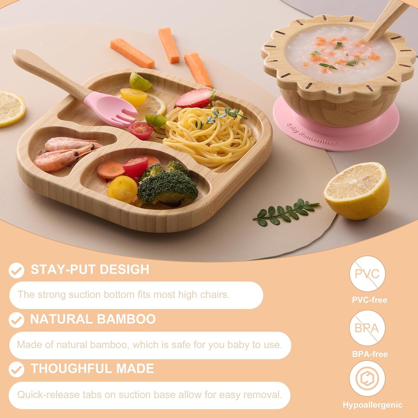 Suction Plates Bowls Set for Baby Toddler Non-Toxic Bamboo Feeding Set with Silicone Fork & Spoon (Green Feeding Set)
