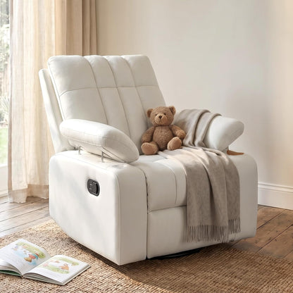 AILEEKISS Nursery Glider Recliner Rocking Chair w/Adjustable Armrests, Oversized 360° Swivel, 30° Rocker, 90°-160° Recline, White Leather Reclining Nursing Living Room Chair for Breastfeeding Bedroom