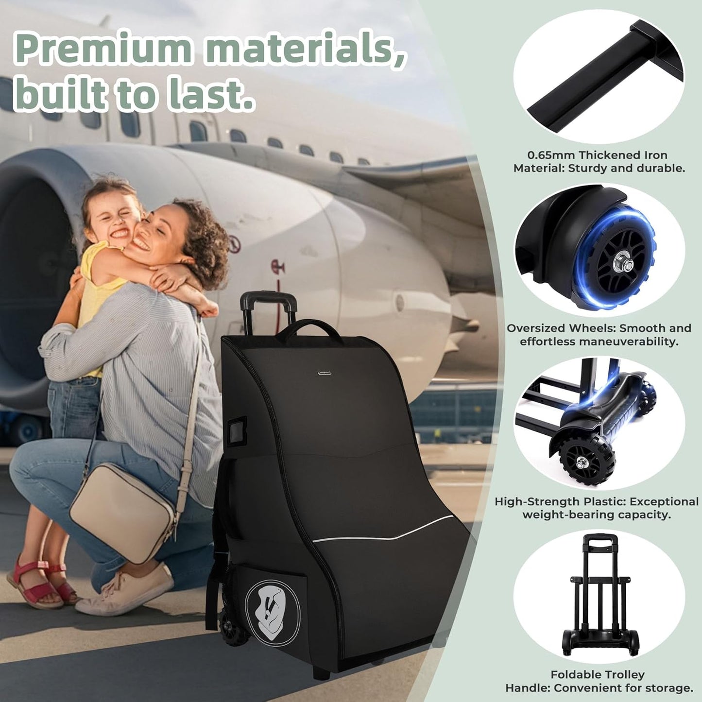 Rolling Car Seat Travel Bag with Wheels – Car Seat Backpack Transport Case for Airplane Travel, Fits Convertible & Booster Seats, Protective Storage Cover, Black