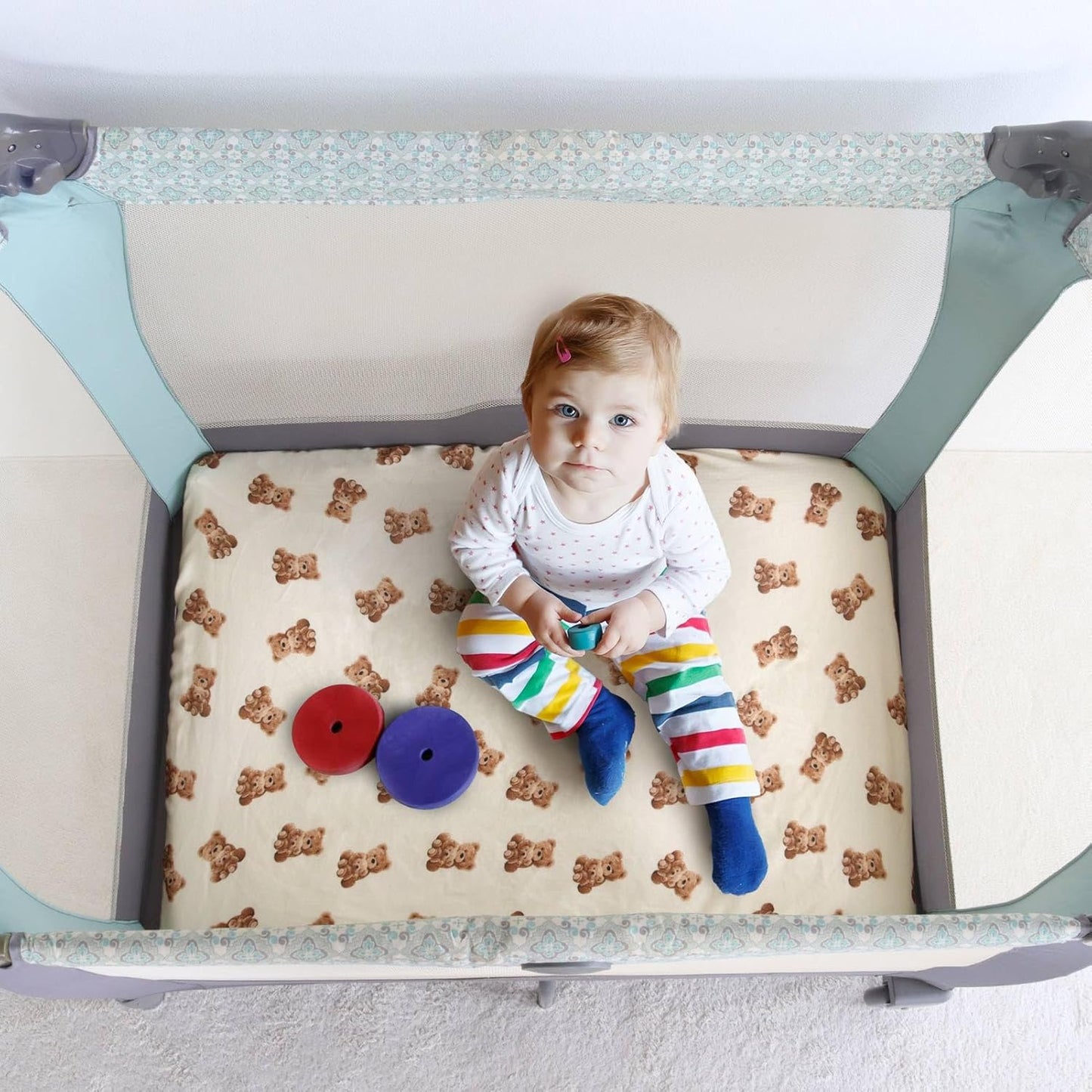 LifeTree Crib Sheets for Baby Unisex - Muslin Fitted Crib Sheets Toddler Bed Sheet, 70% Viscose from Bamboo and 30% Cotton, Fits Mini Crib & Pack and Play Playard, Bear, 26in x 38in